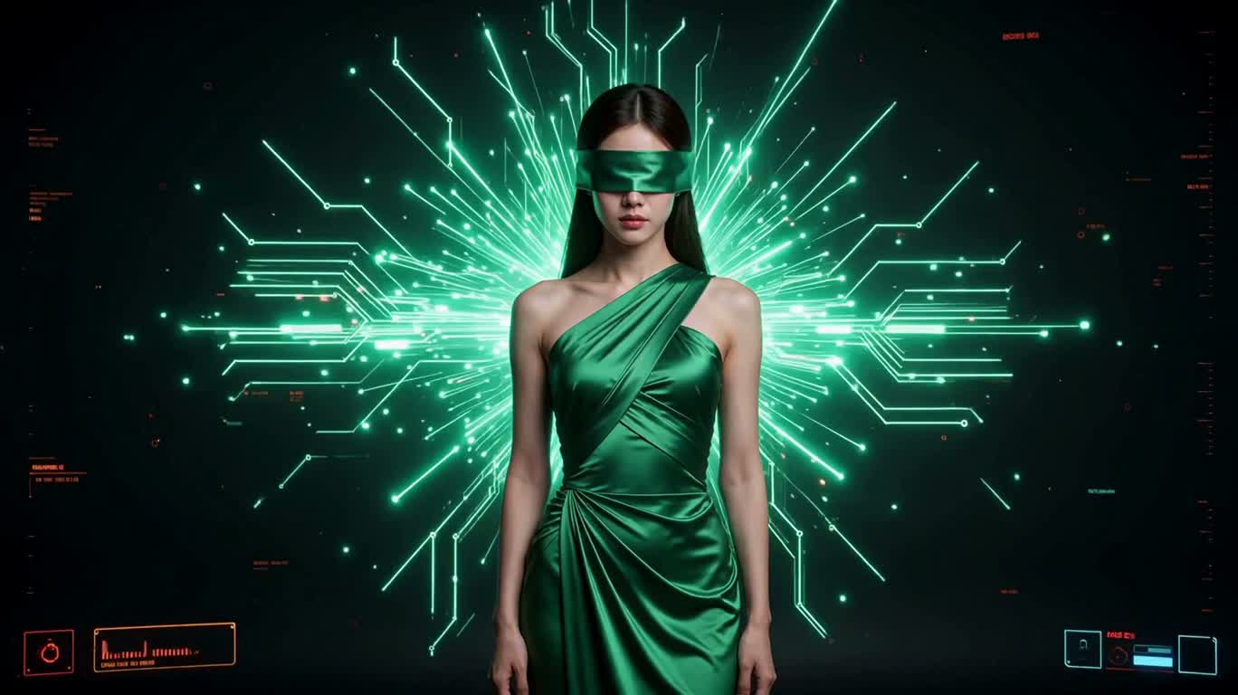 霓虹数据光环中的蒙眼女子