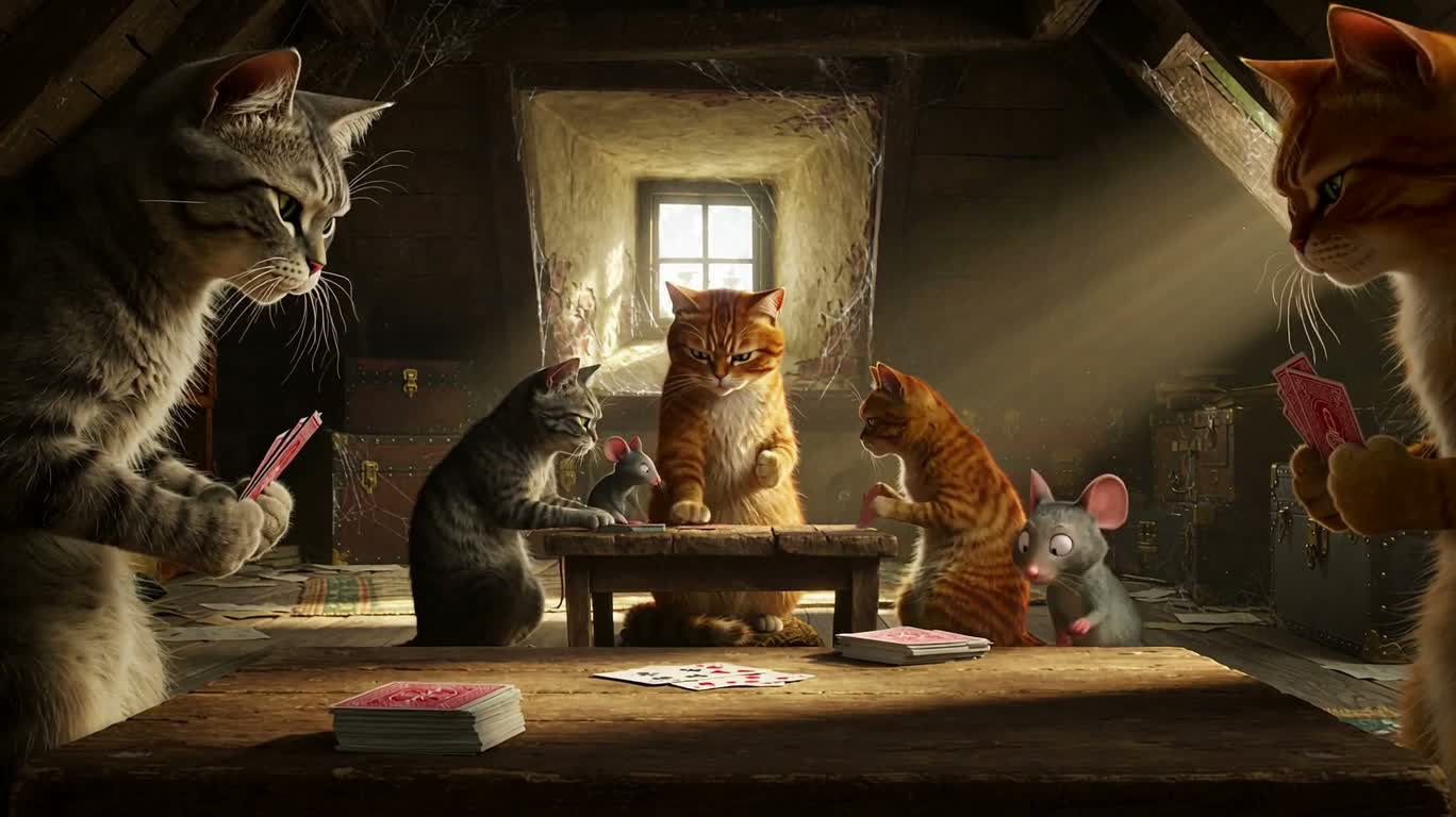Ván bài mèo và chuột trên gác mái — AI video creation