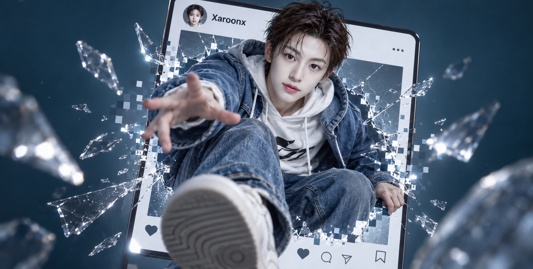 Người đàn ông nhảy ra khỏi thẻ bài đăng mạng xã hội — AI image creation
