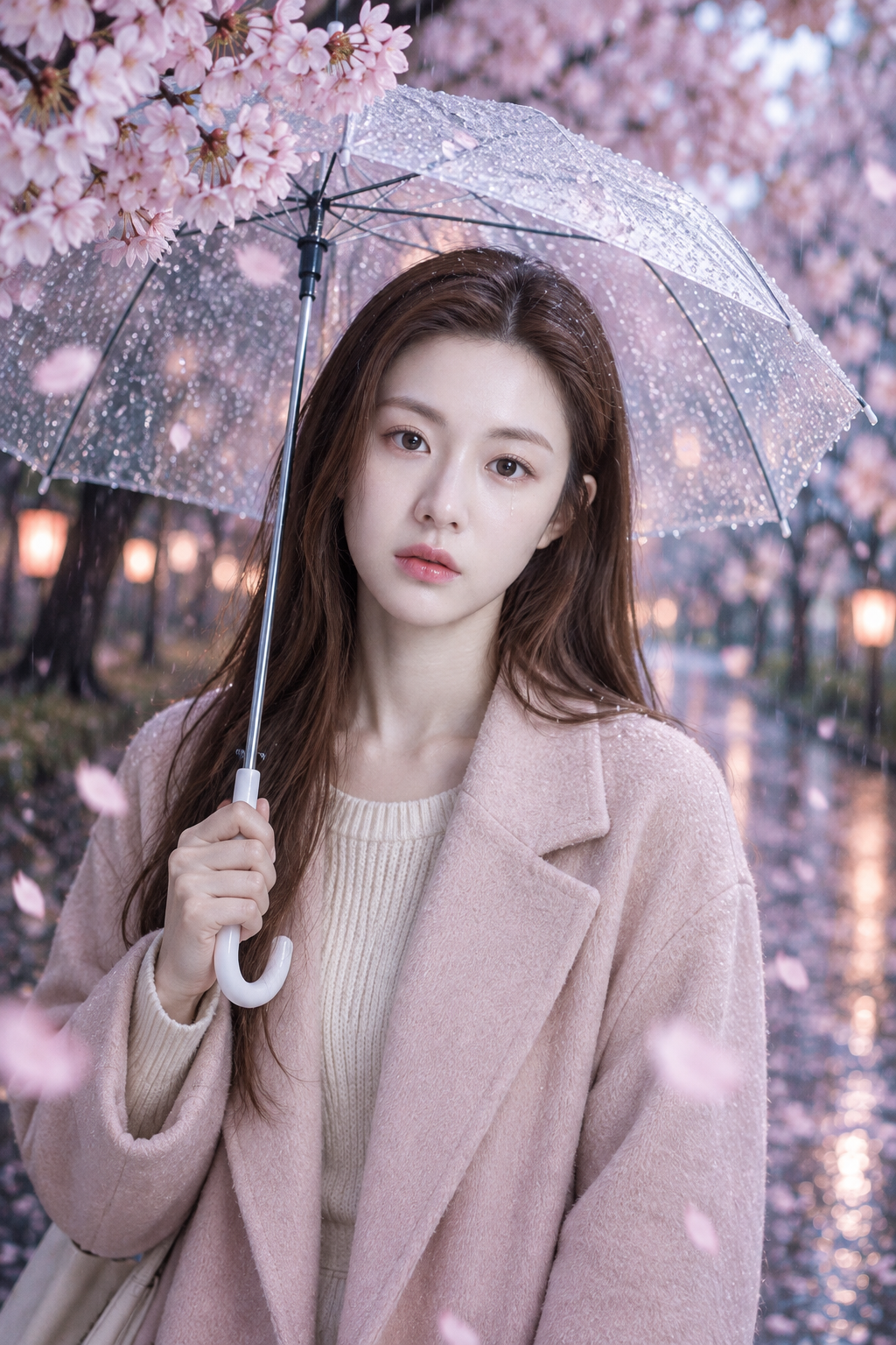 春雨樱花下的含泪肖像
