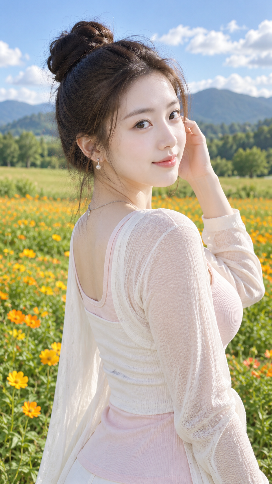 야외 꽃밭에서 뒤돌아보는 동아시아 여성의 사실적인 스냅샷
