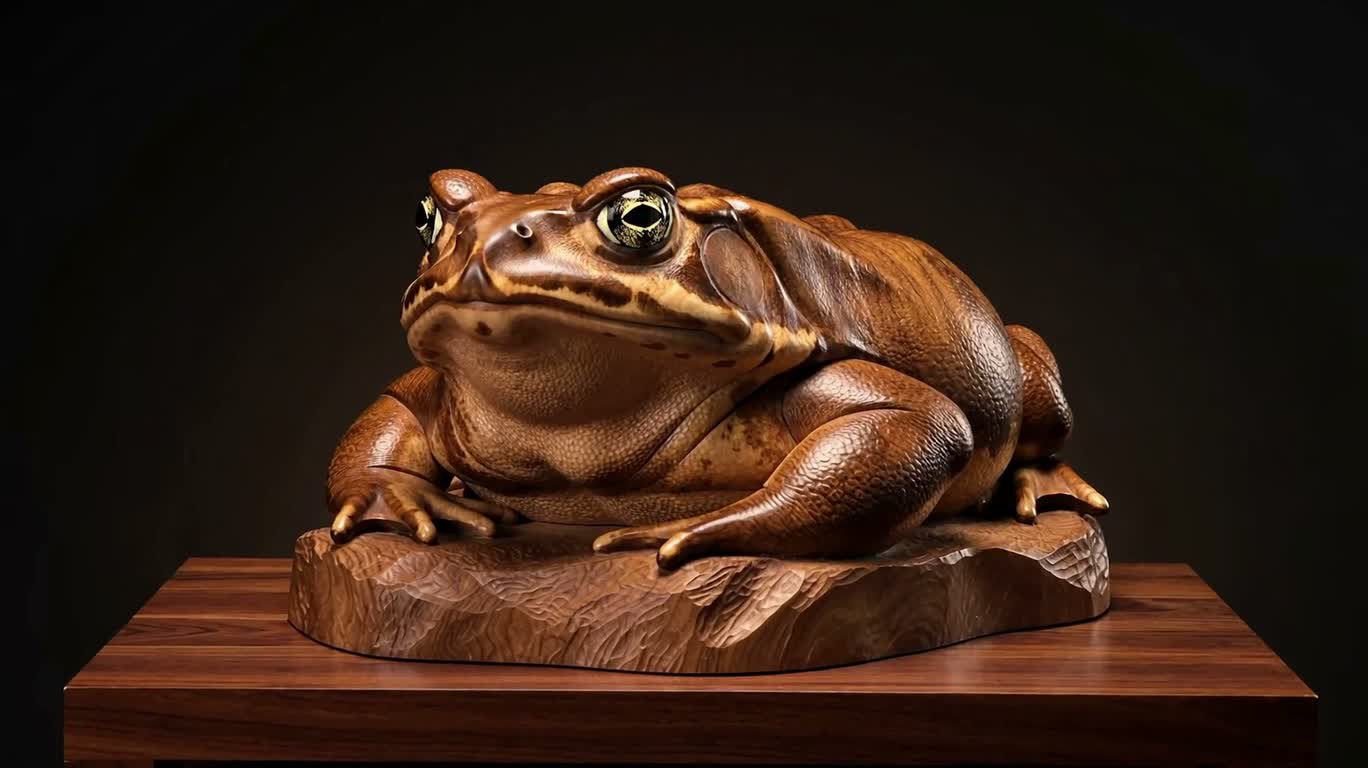 Gros plan cinématographique d'une sculpture géante de crapaud en bois — AI video creation