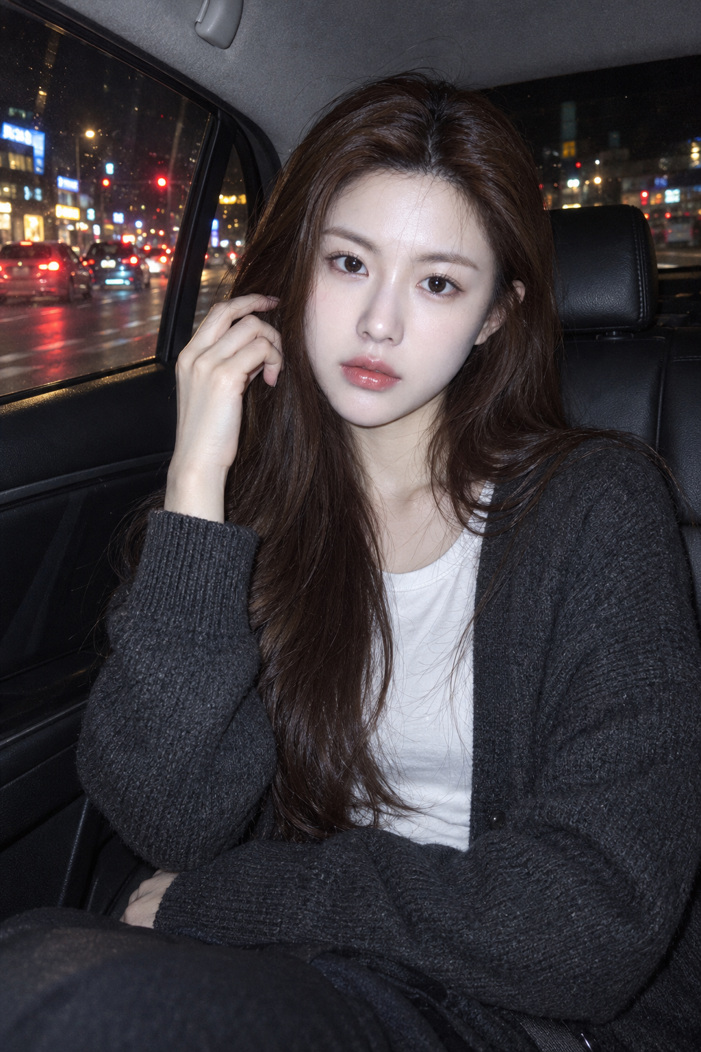 夜间车内CCD直闪灰色针织开衫女性肖像 — AI image creation