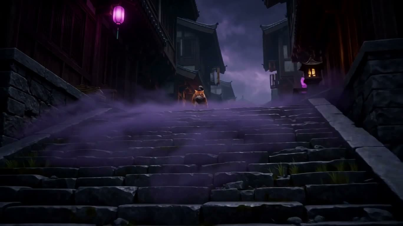 Mèo samurai màu cam trên cầu đá trong sương tím