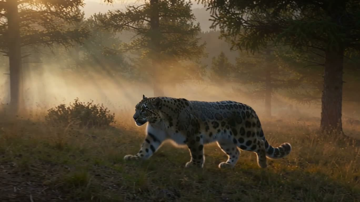 Snow Leopard Patrol in Morning Mist