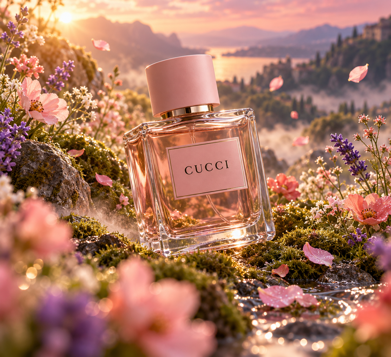 Haute Couture Perfume in a Dreamy Miniature Flower Sea — AI image creation