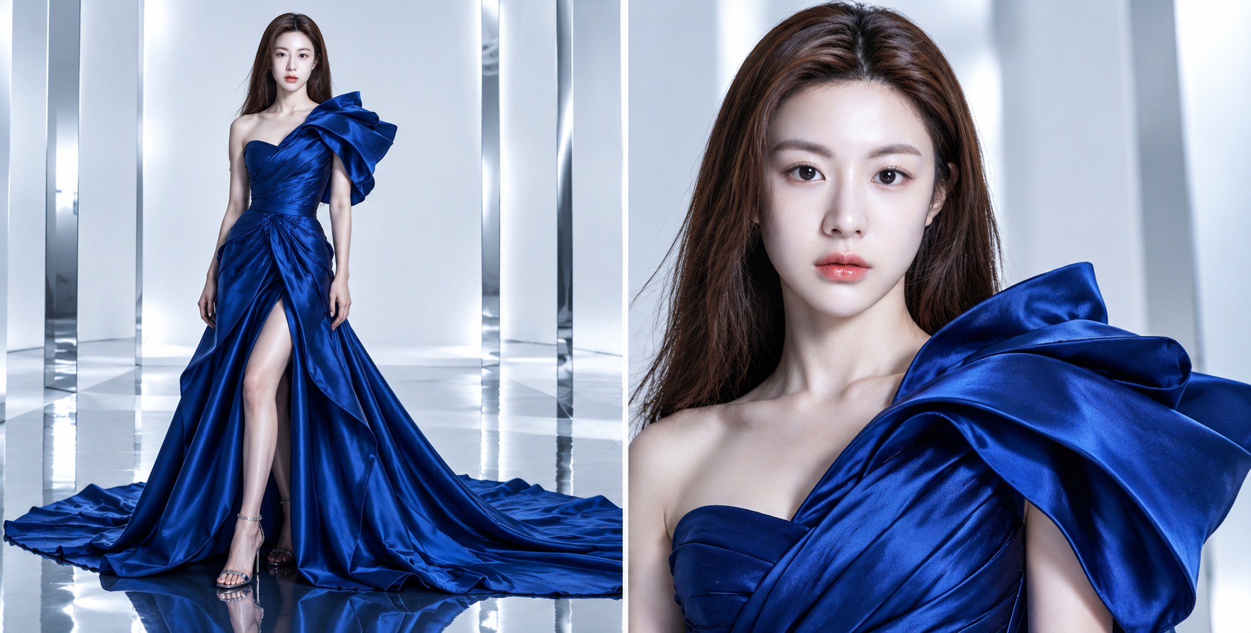 투 패널 로열 블루 드레스 거울 패션 포트레이트