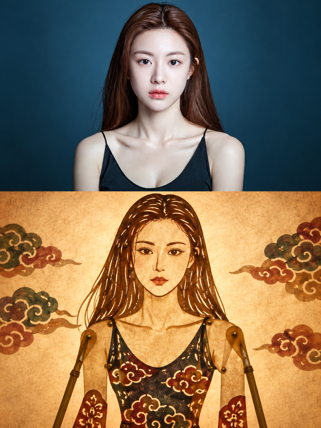 摄影与传统皮影艺术对照海报 — AI image creation