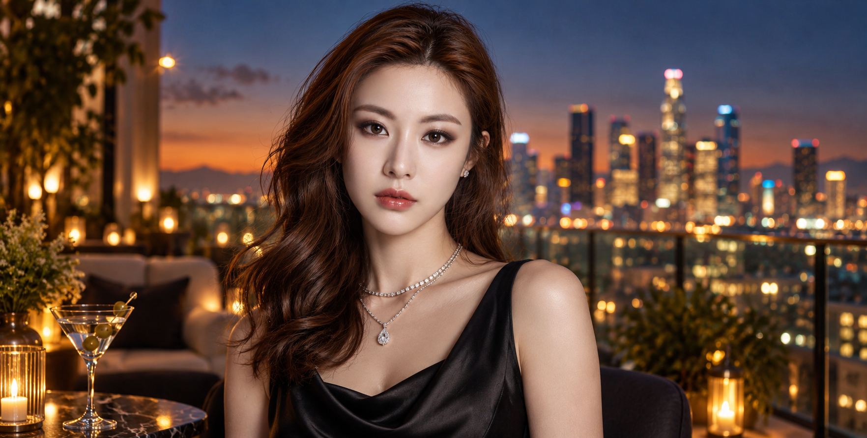 로스앤젤레스 황혼의 옥상에서 검은 실크 패션 포트레이트