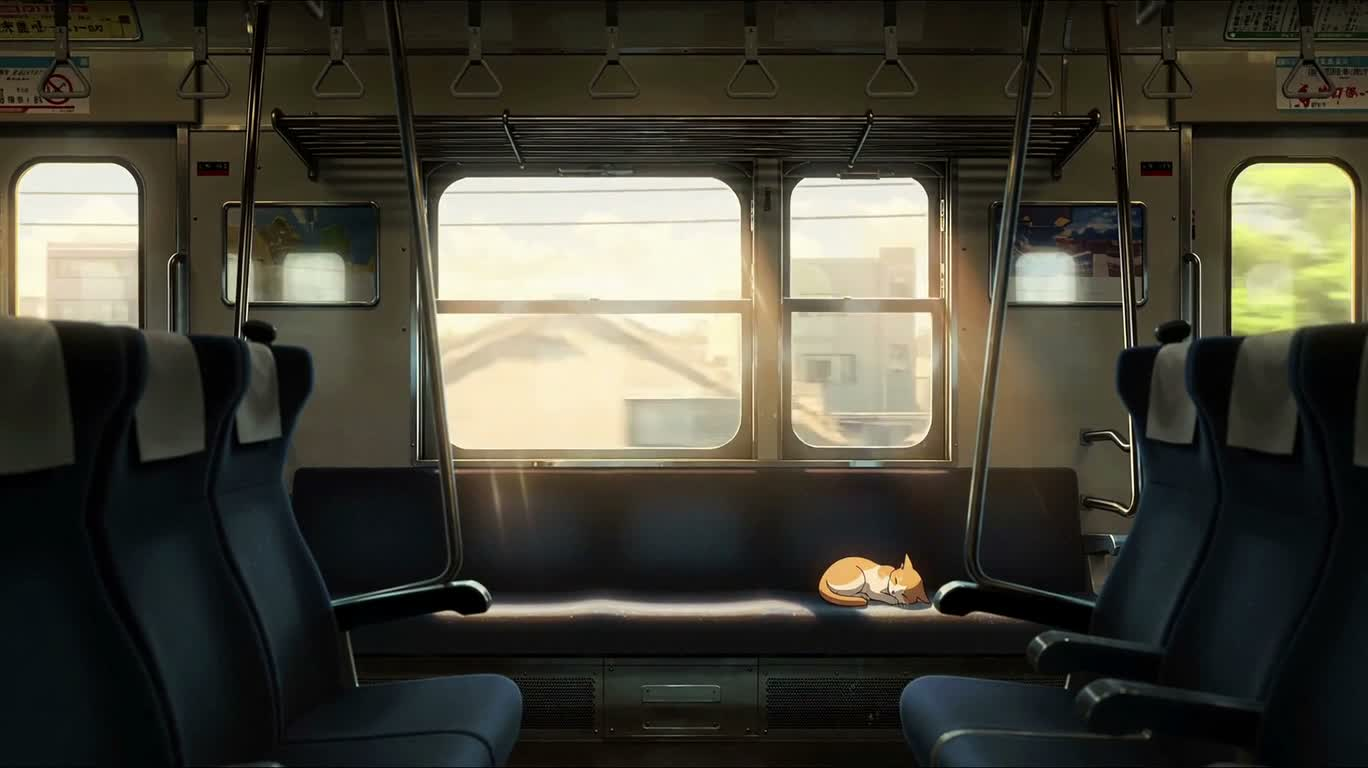 列車の暖かな光の中で眠る猫
