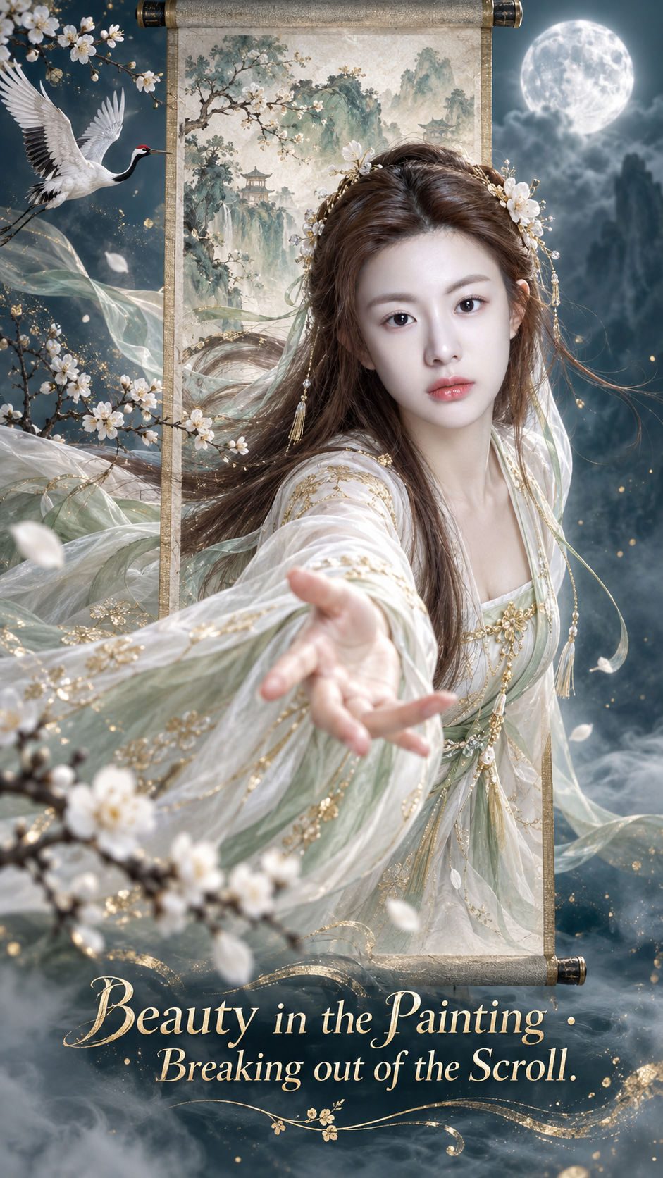 画中美人破卷而出东方奇幻叙事海报
