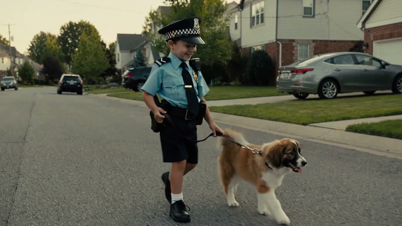 小さな警官と犬の散歩