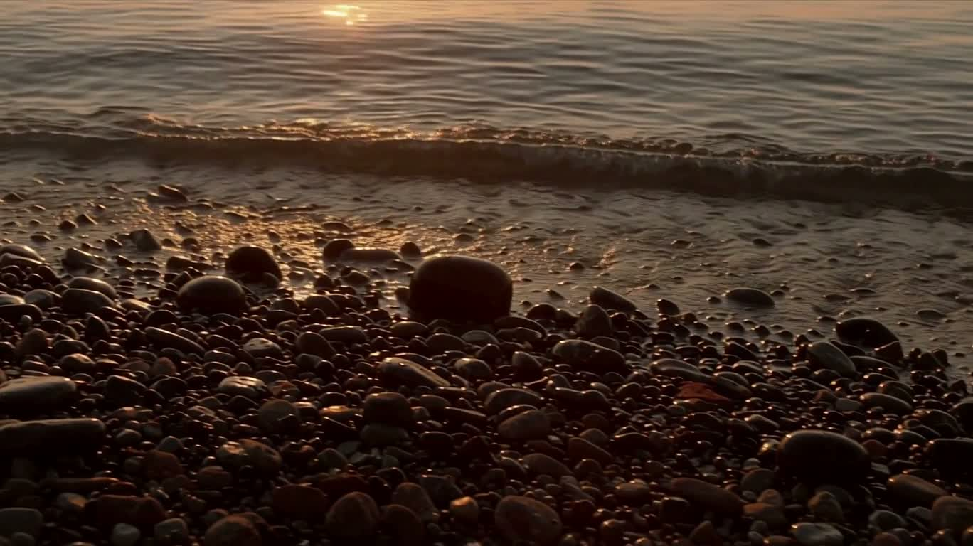 夕暮れの小石海岸