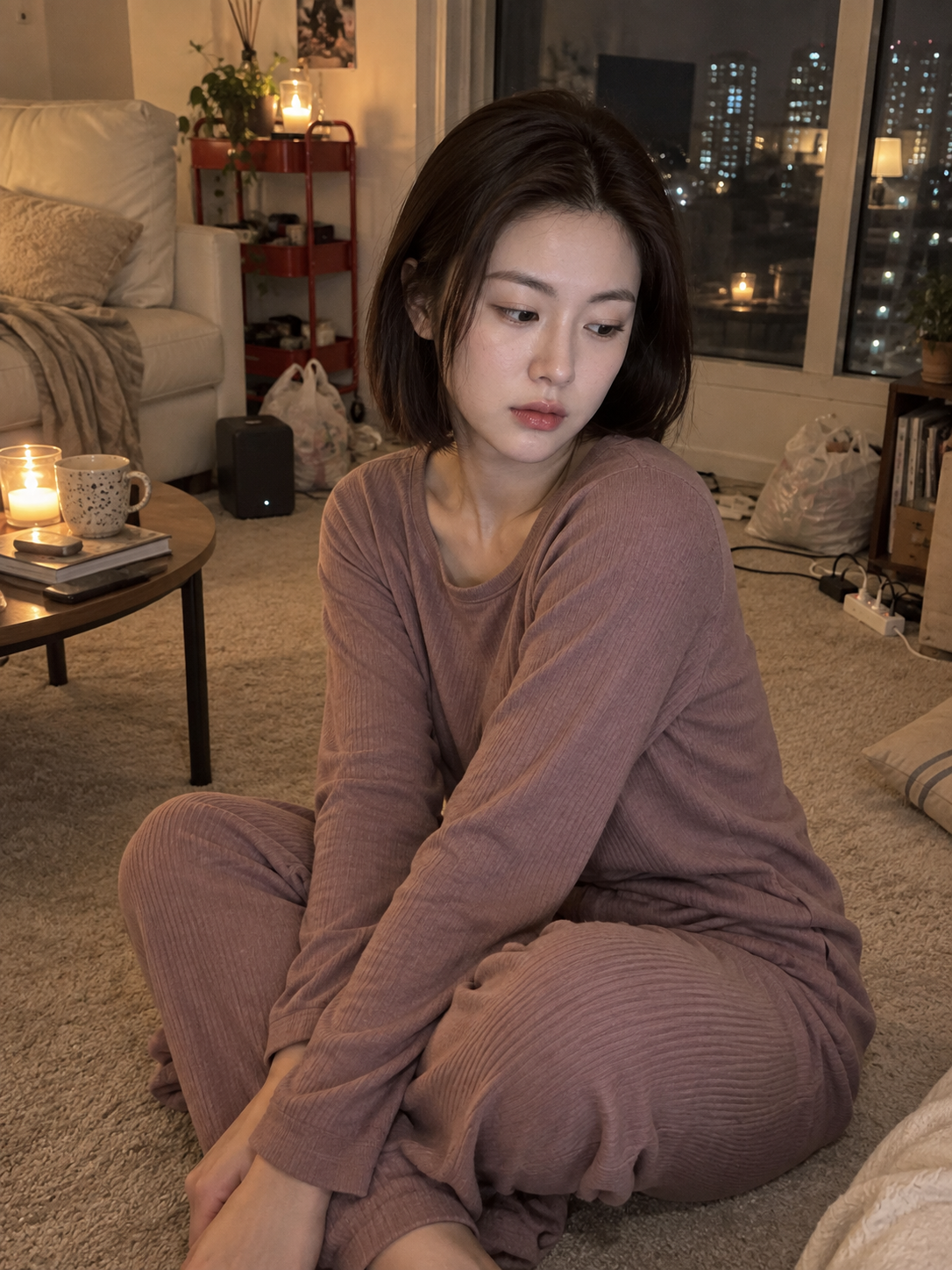 暖光凌乱客厅里的淡紫色成年女性生活方式人像