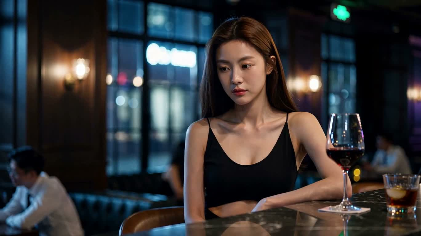 Người phụ nữ trầm tư trong ánh đèn quán bar