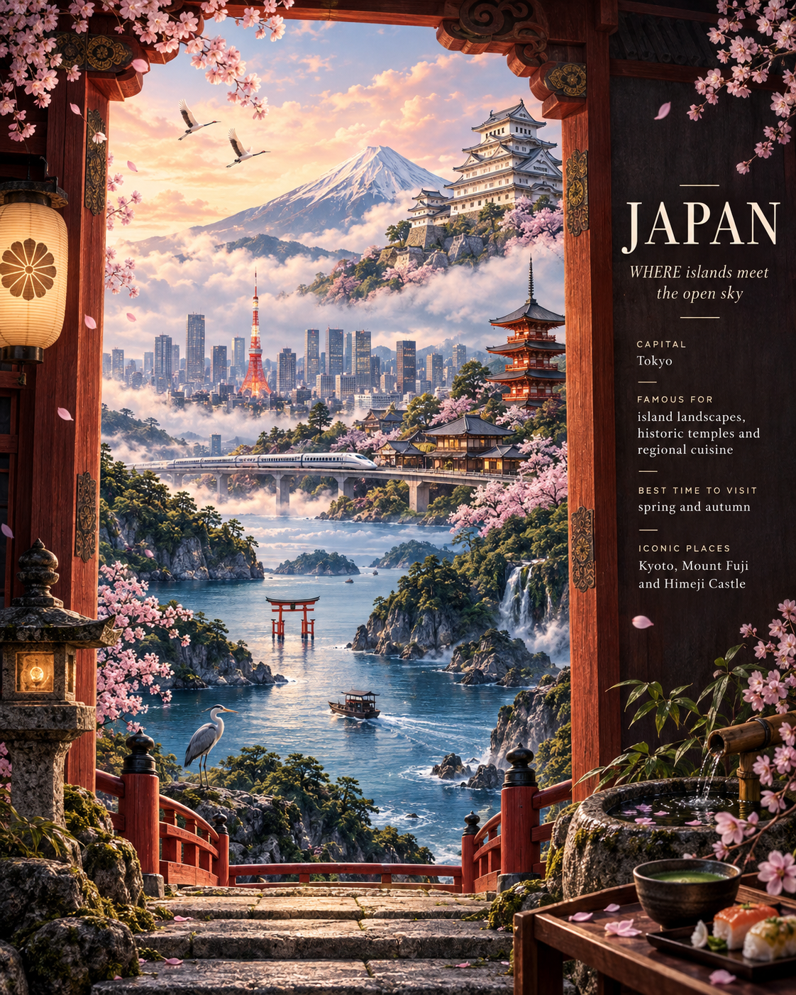 日本剪影之窗连续景观旅行海报模板