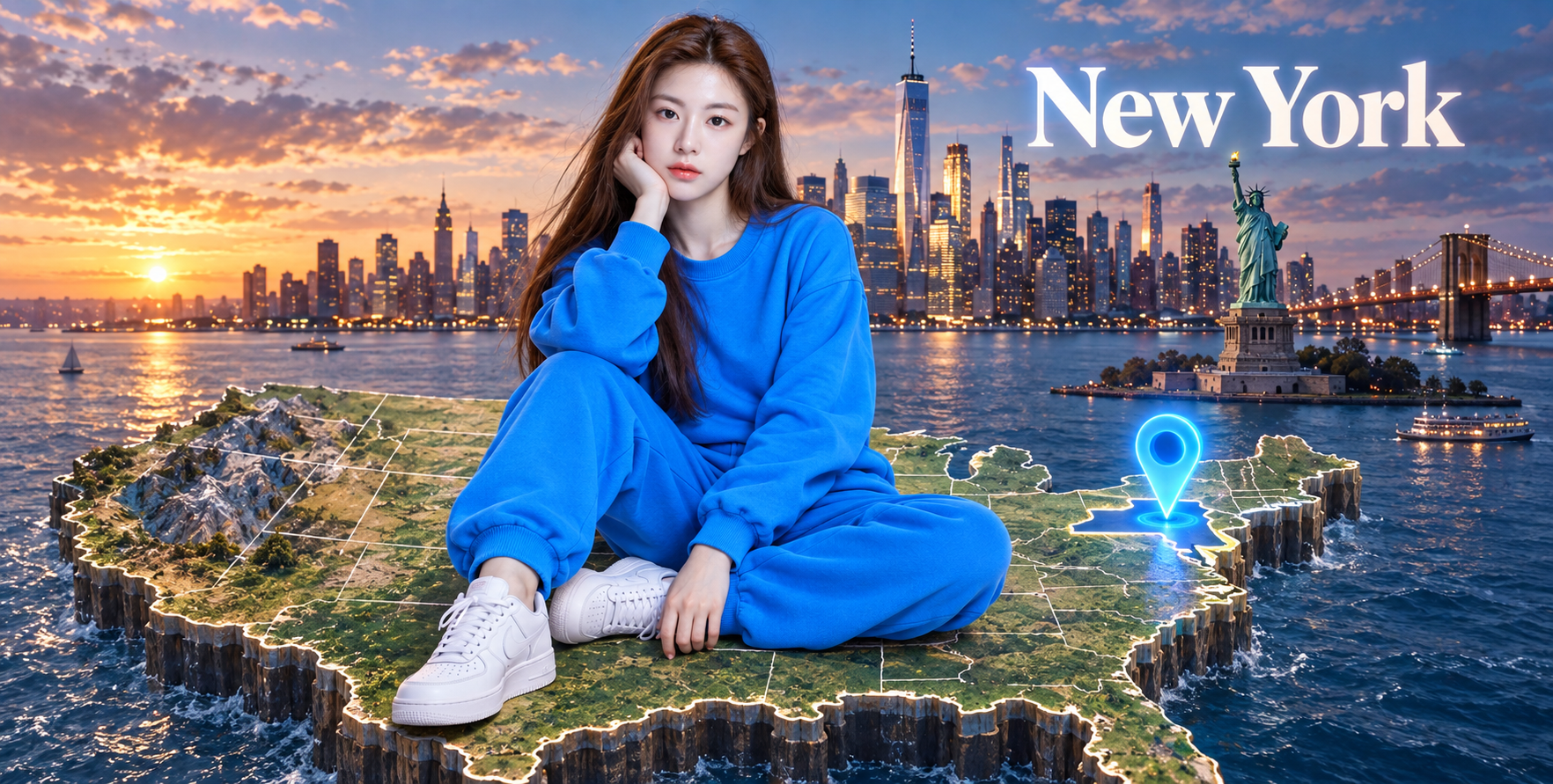 漂浮美国地图上的纽约旅行时尚人像