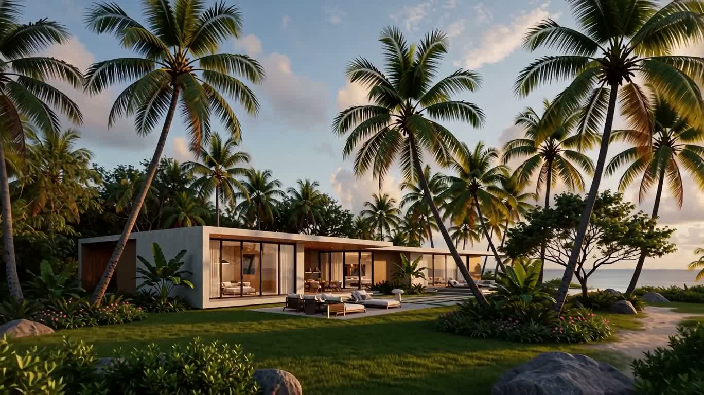 Villa moderne au coucher du soleil sur la côte tropicale