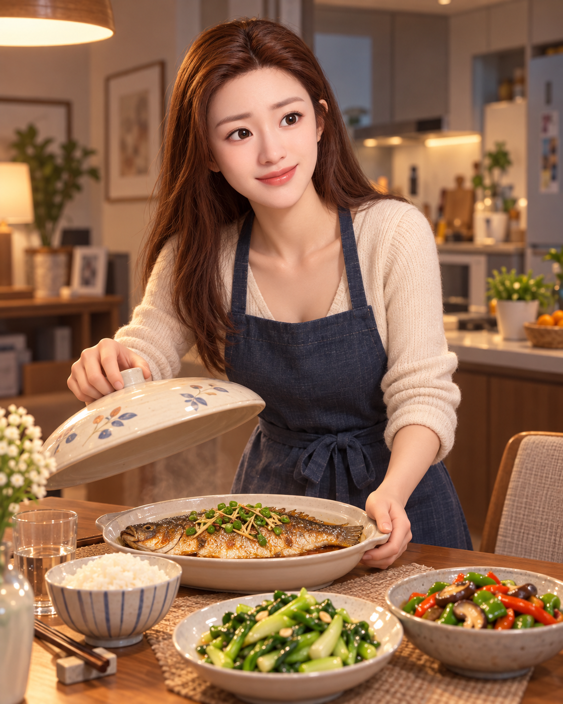 母女家常晚餐喜剧的温馨定格画面