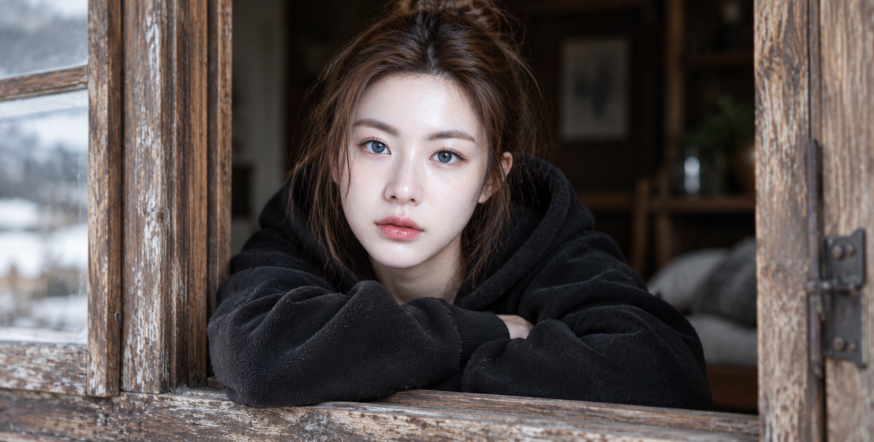 超写实木窗前的蓝眼少女