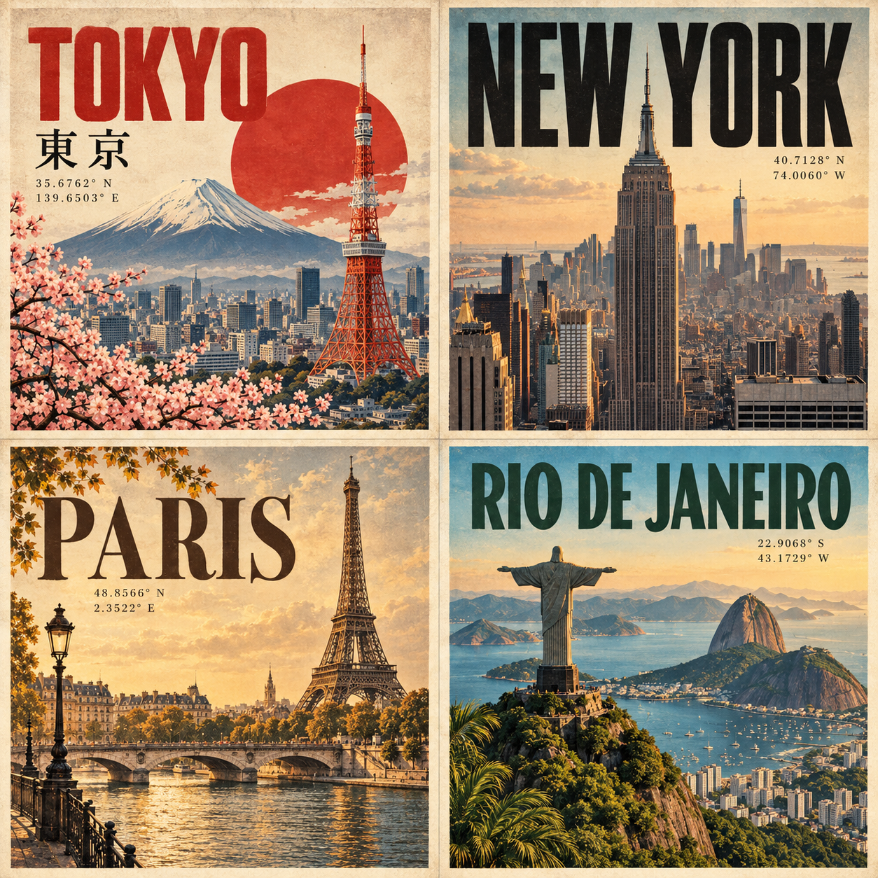 高级2×2四格复古旅游海报拼贴 — AI image creation