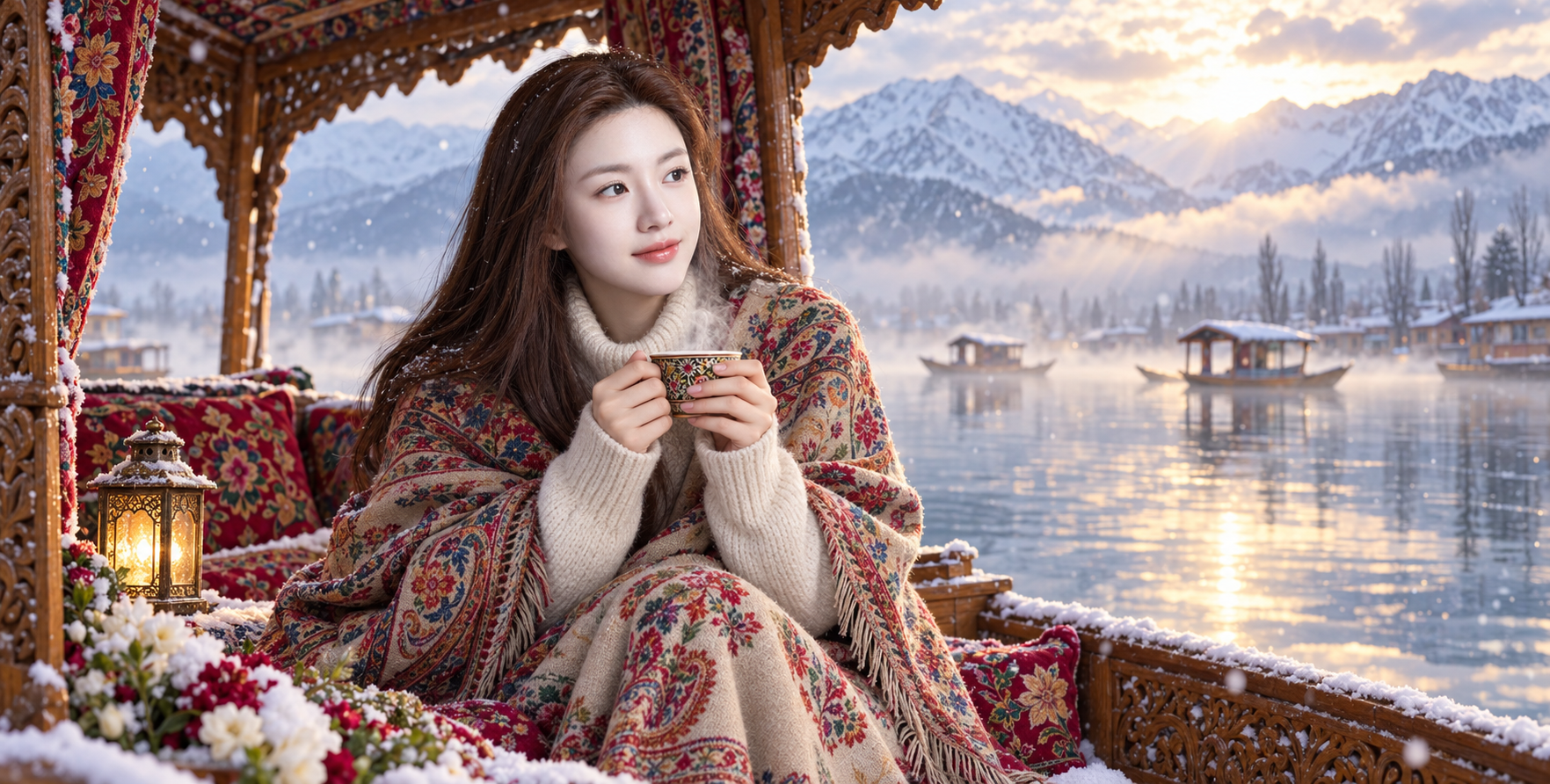 达尔湖雪晨中的克什米尔游船肖像