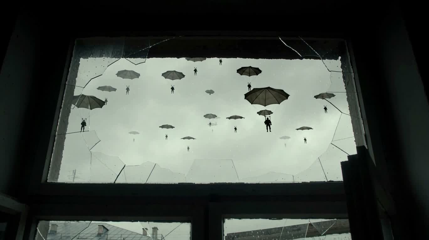 Red Flag Over the Fallen City Through a Broken Window