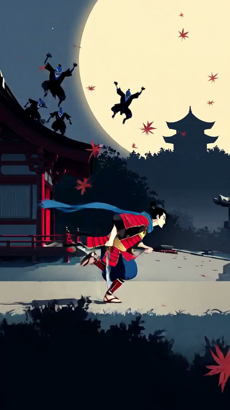 Five-Color Samurai Chase Under the Moon