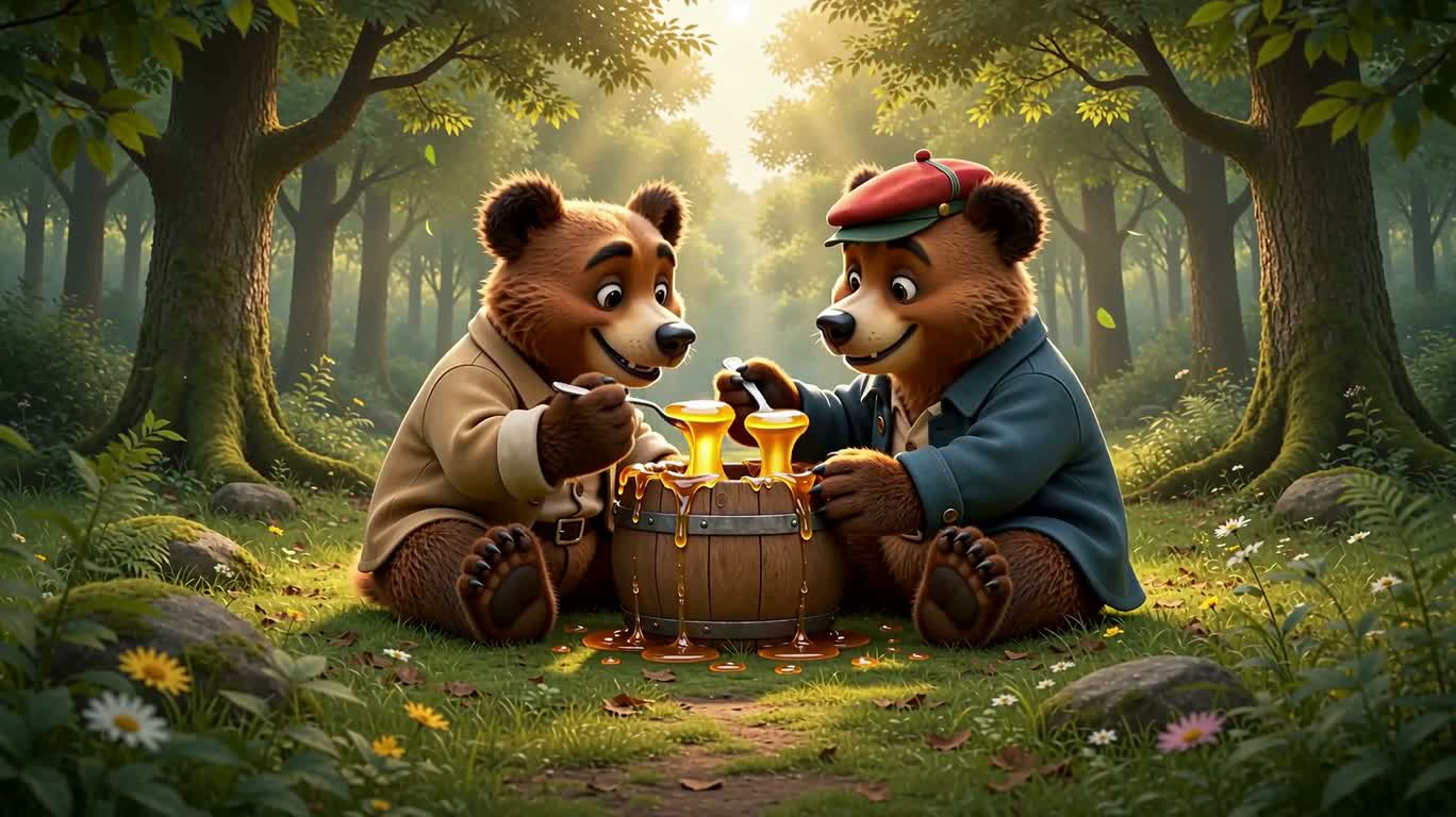 Hai chú gấu con chia sẻ mật ong — AI video creation