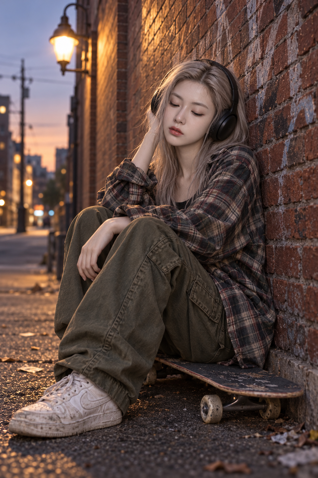 黄昏涂鸦砖墙旁的银金发滑板女子 — AI image creation