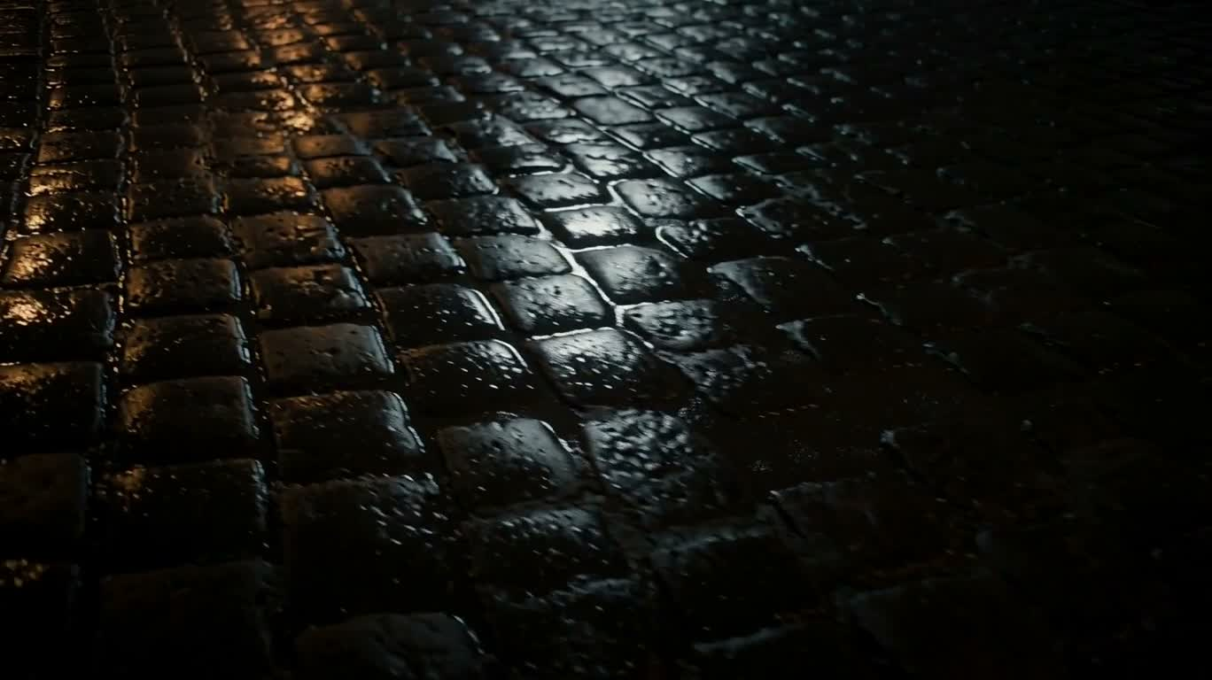 雨の夜の石畳の通り — AI video creation
