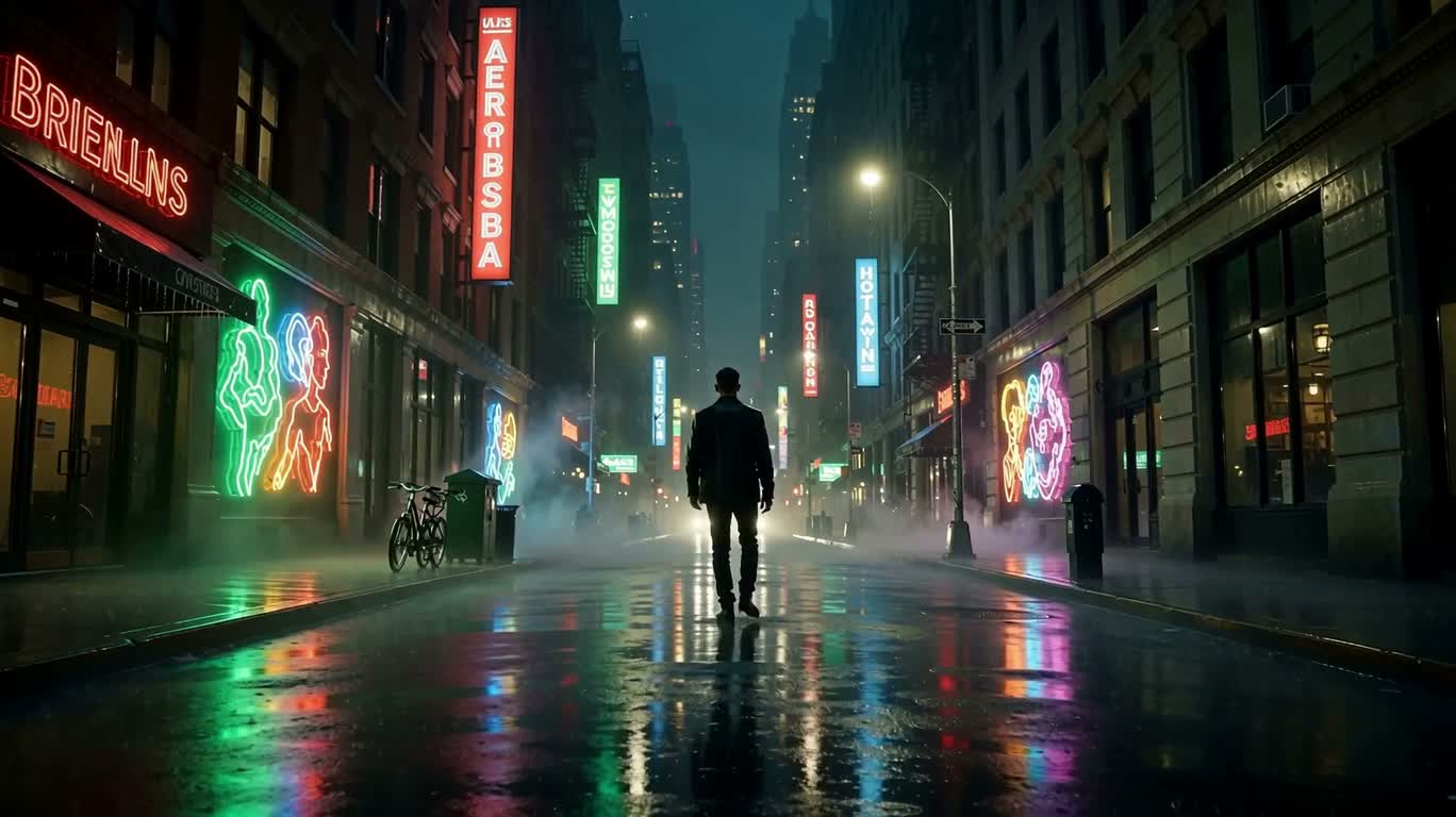 Silhouette sous la pluie néon