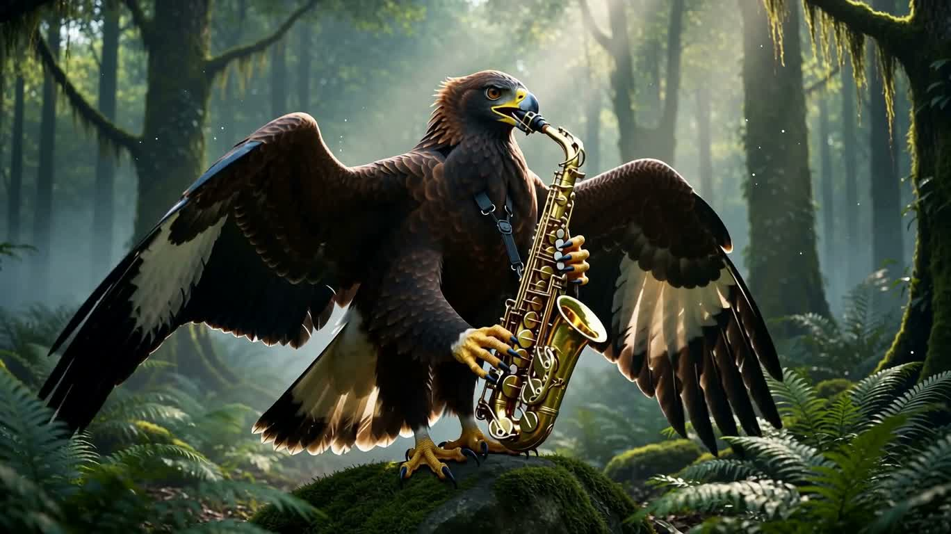 Biểu diễn saxophone cánh đại bàng trong rừng nhiệt đới — AI video creation