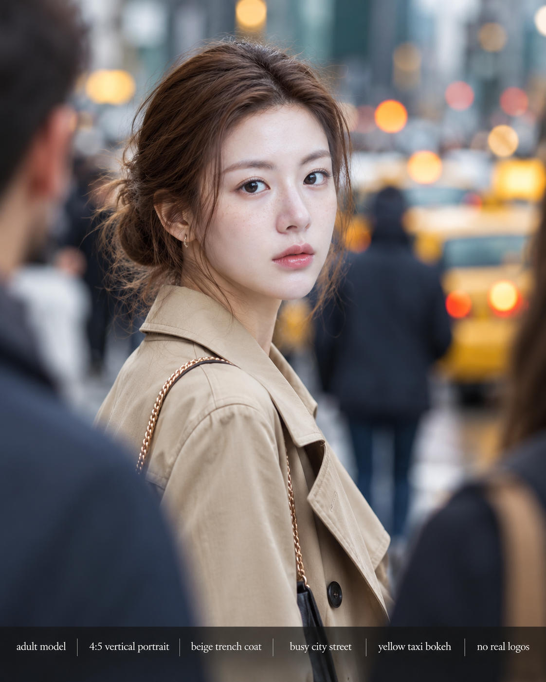 여섯 개의 지정 문구가 있는 번화가의 성인 트렌치코트 초상