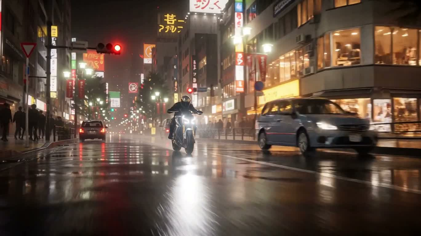 Moto organique futuriste dans Tokyo sous la pluie