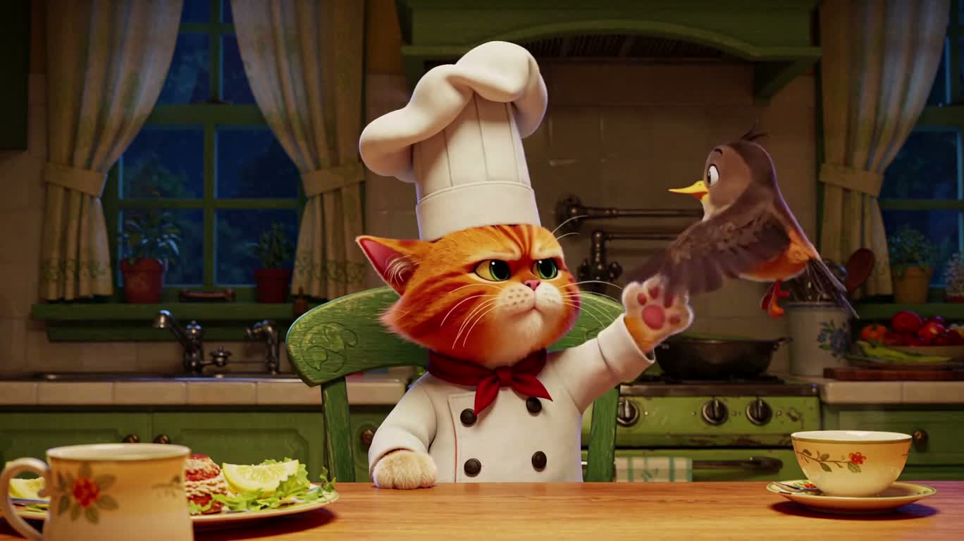 Cat Chef Scaring Birds in a Warm Kitchen