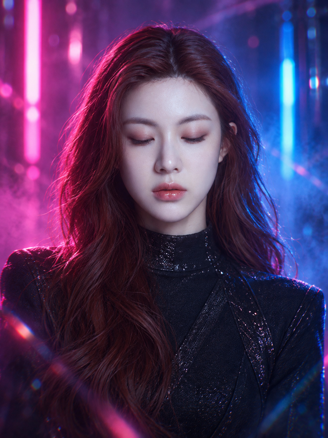 Portrait de mode cyber d'une femme aux cheveux roux sous néons magenta et bleu électrique