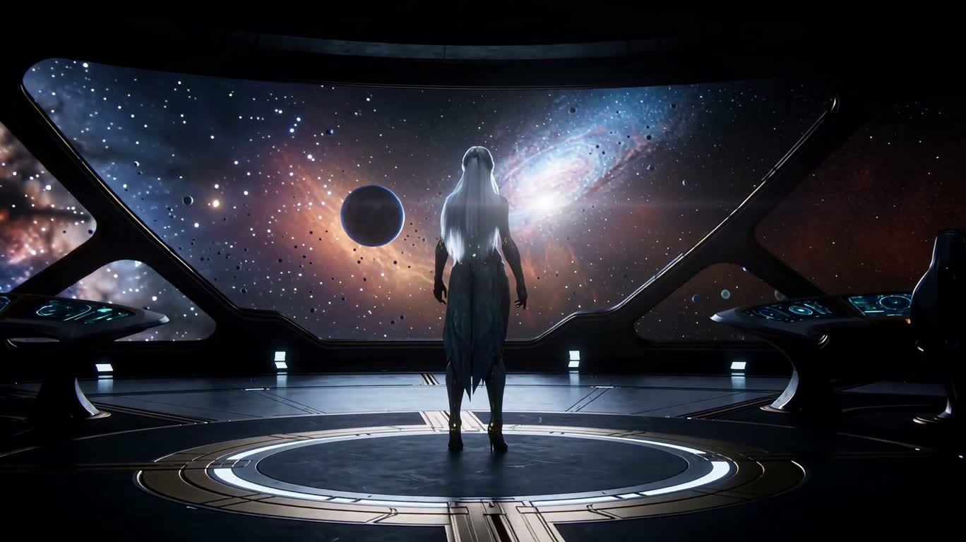 White-Haired Android on an Interstellar Mothership — AI video creation