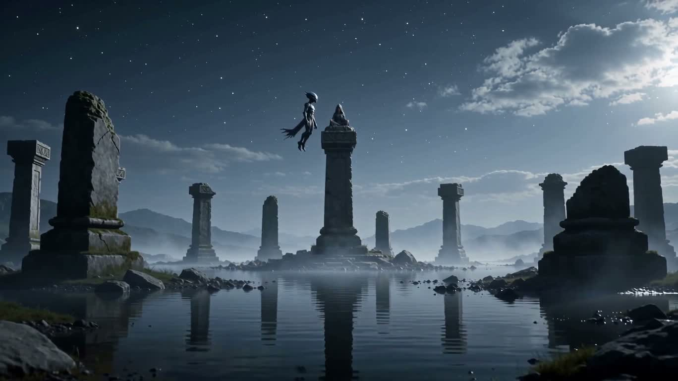 星夜石柱上的双重冥想 — AI video creation
