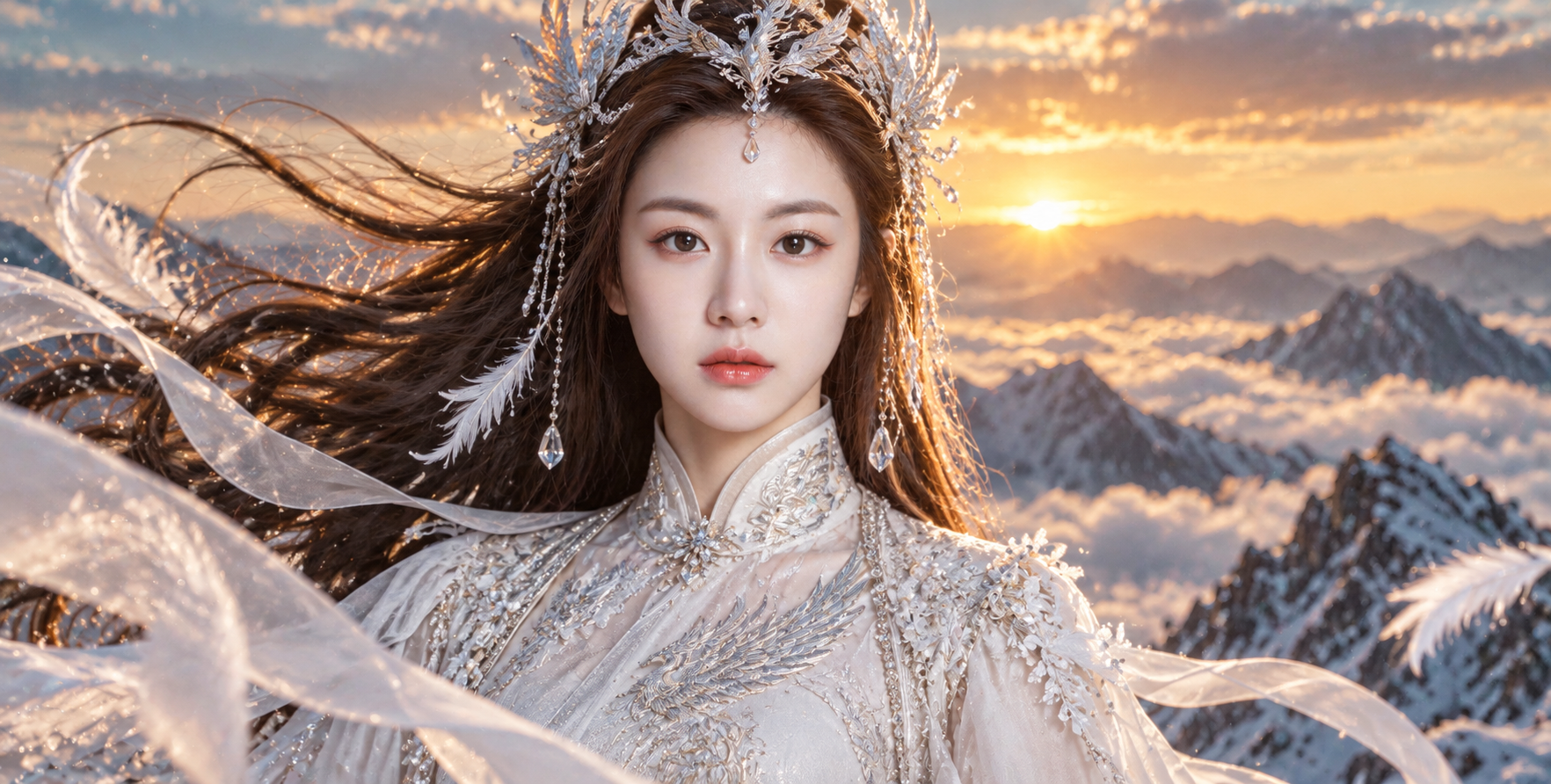 Silver Phoenix goddess on a snowy summit