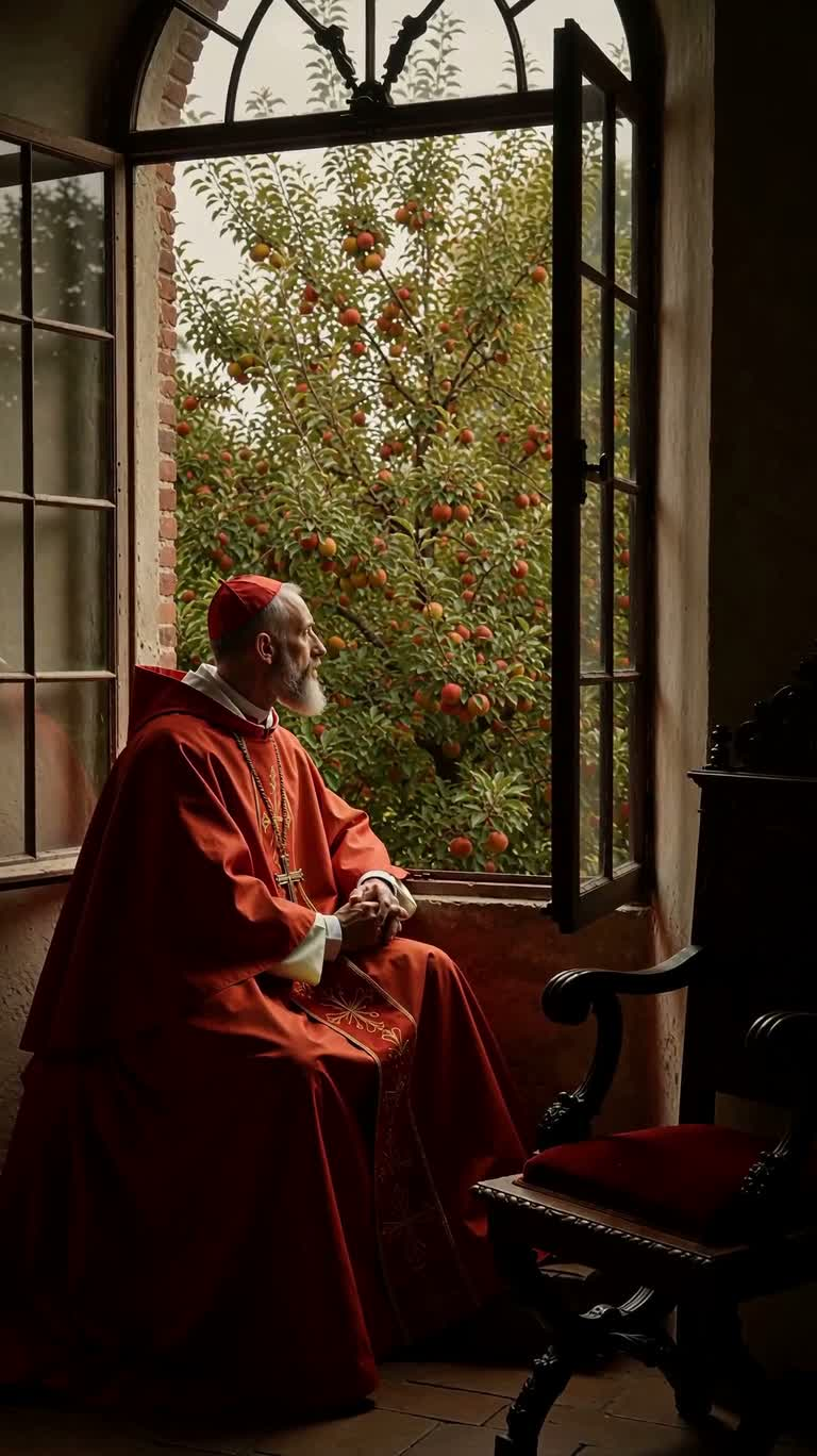 Cardinal rouge contemplant le verger près de la fenêtre — AI video creation