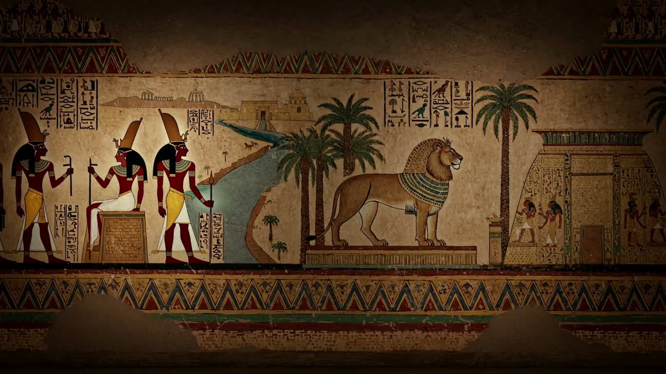 Peinture murale du lion roi à la couronne égyptienne — AI video creation