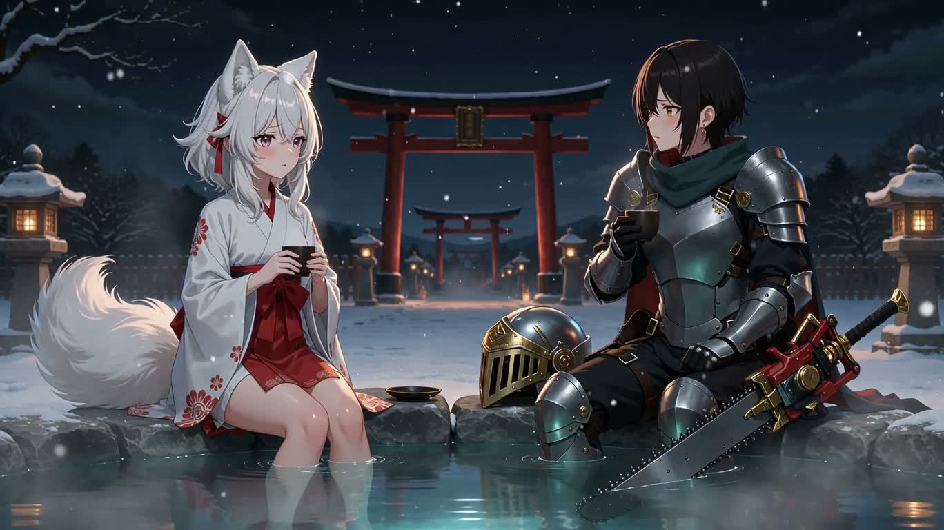 雪夜温泉的狐人与猫头鹰骑士
