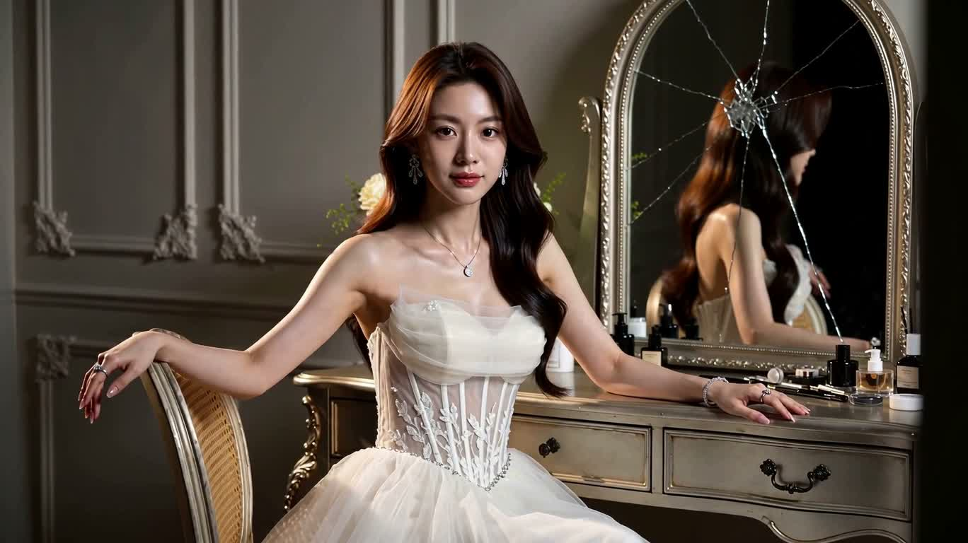 Fashion Portrait at the Cracked Mirror Vanity