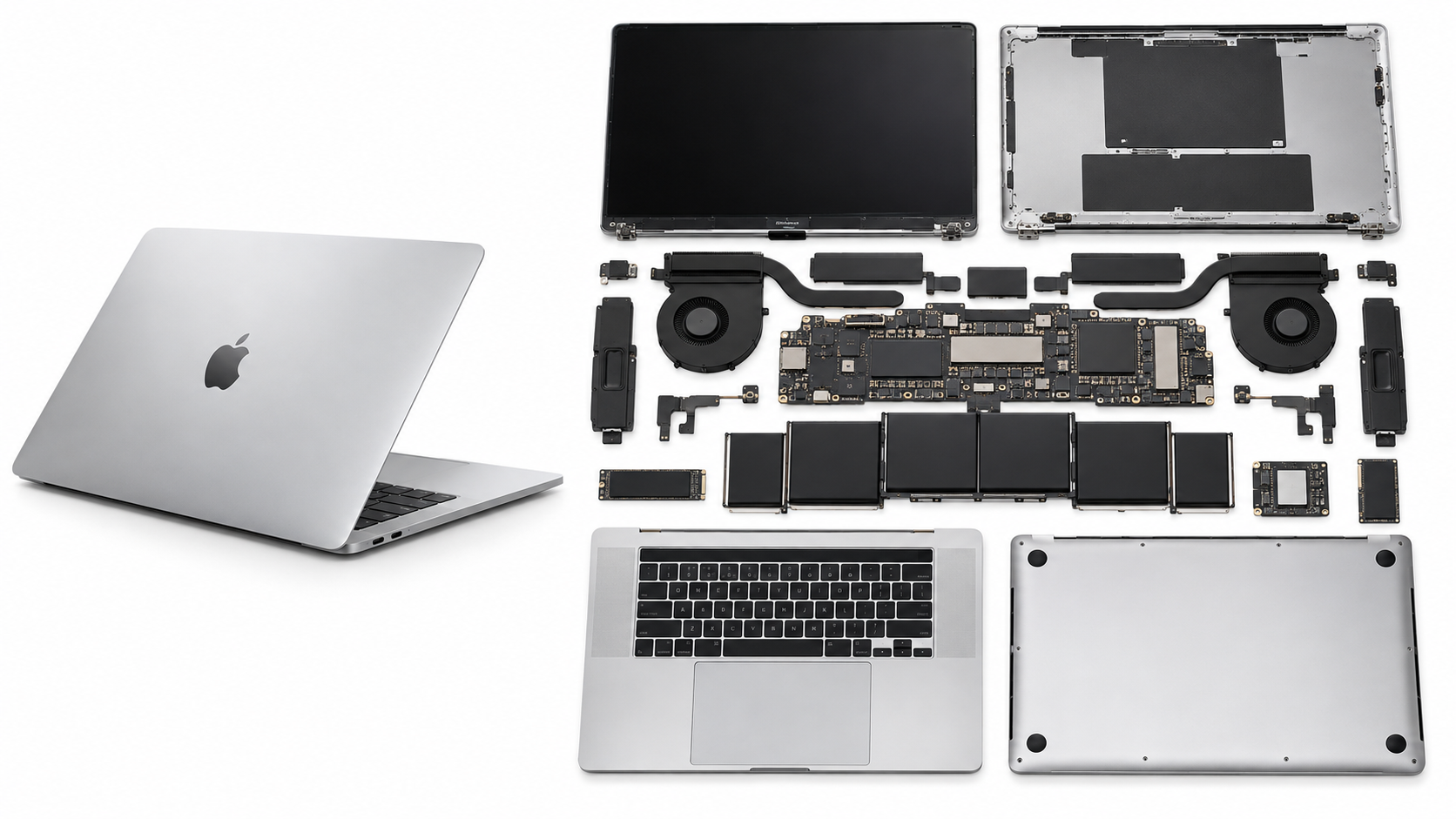 Разборка серебристого корпуса и внутренних компонентов MacBook Pro — AI image creation