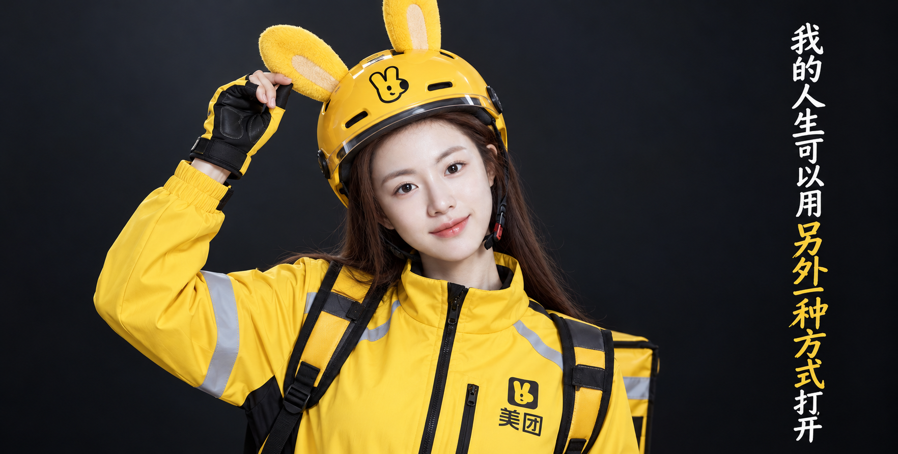 Portrait studio d'un livreur adulte au casque jaune à oreilles de lapin