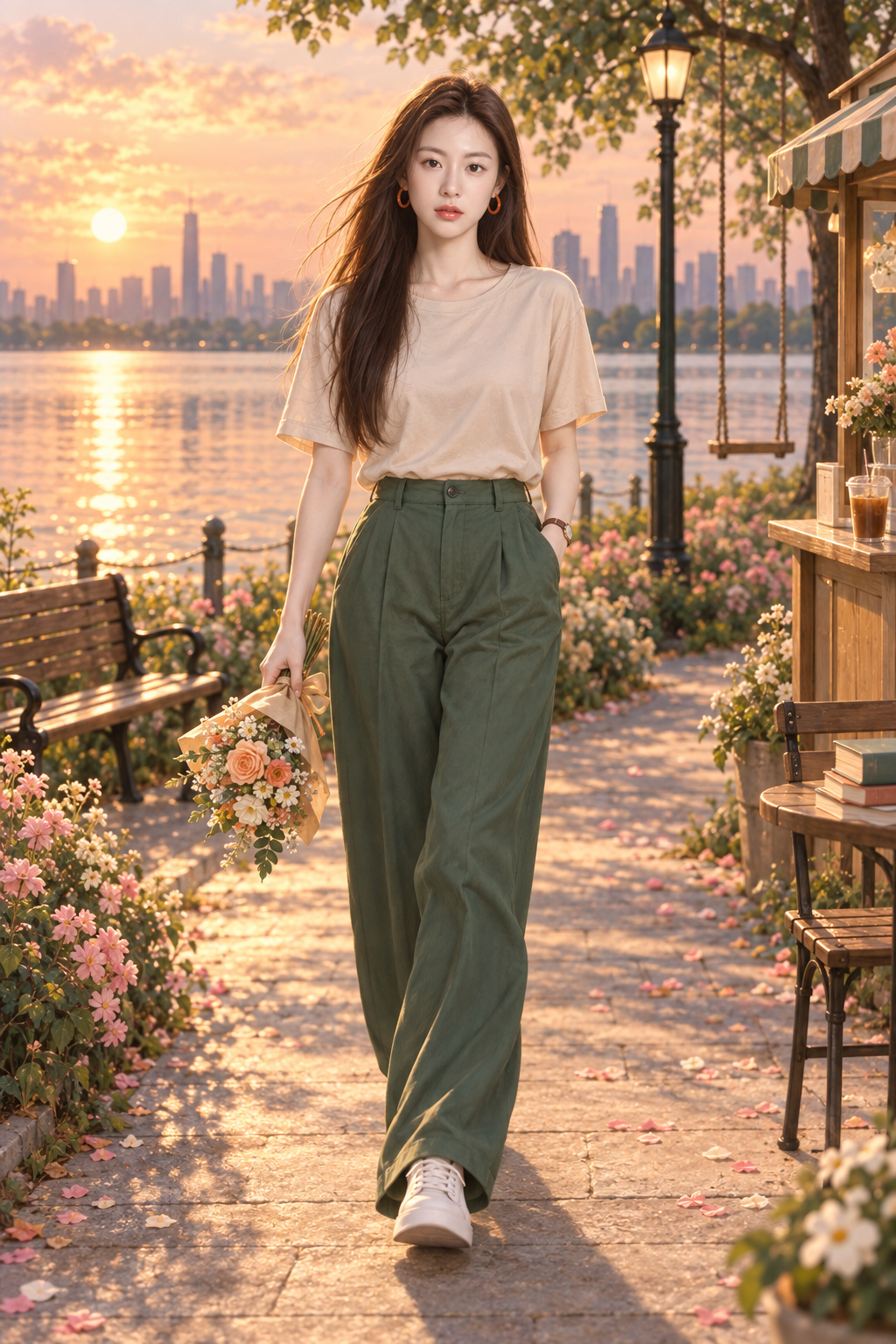 金色夕阳下的湖畔漫步人像