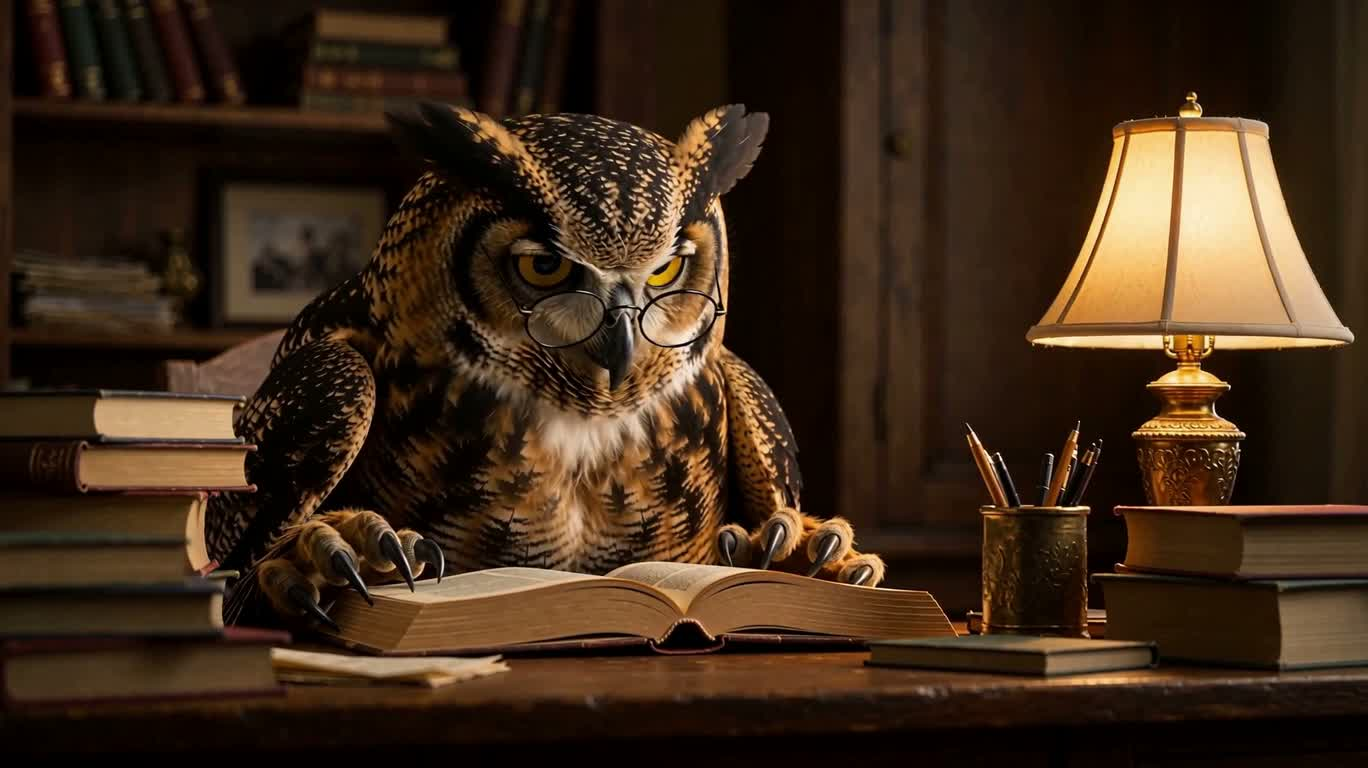 Anthropomorphic Owl with Glasses Reading