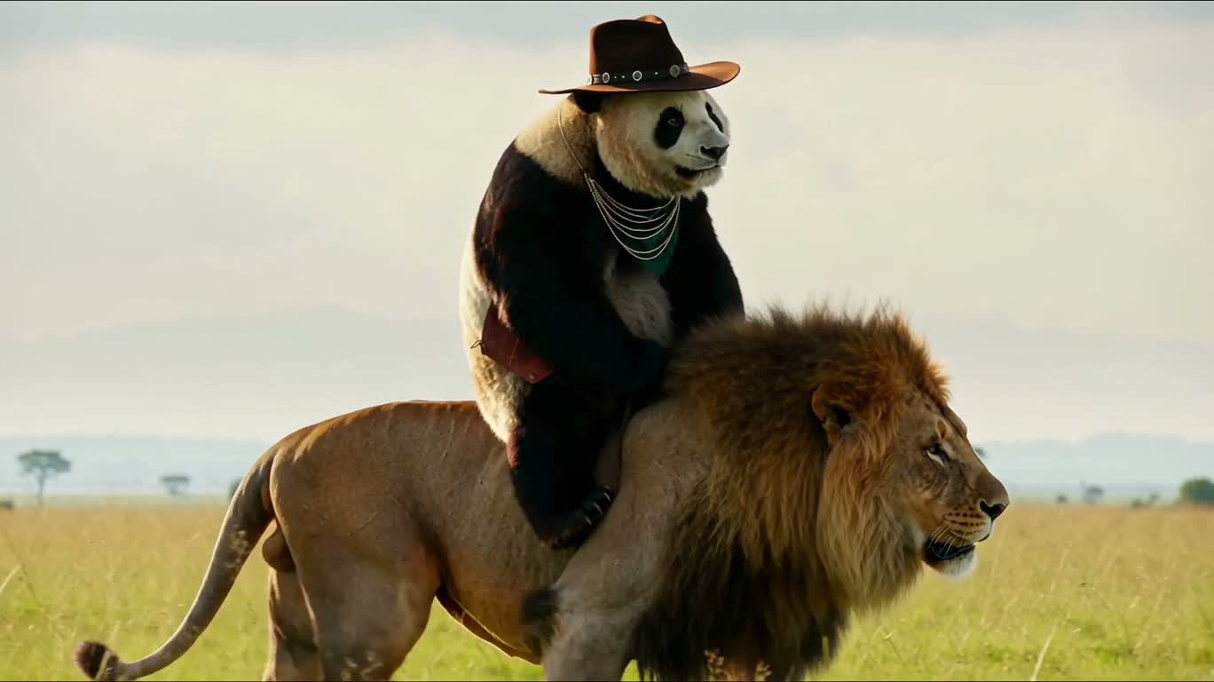 ライオンに乗るカウボーイパンダの映画的シーン