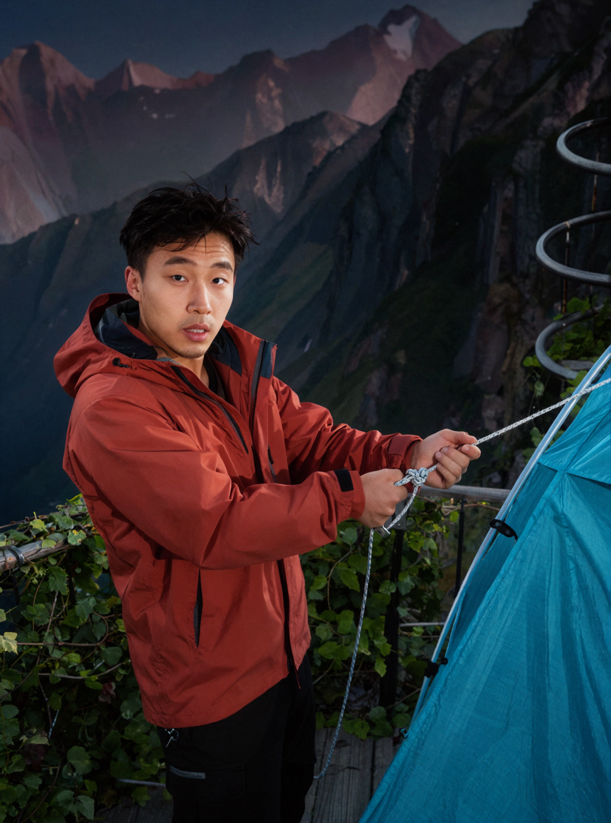 成人東アジア系男性山岳ガイド・風に立つテント・静止した動き — AI image creation